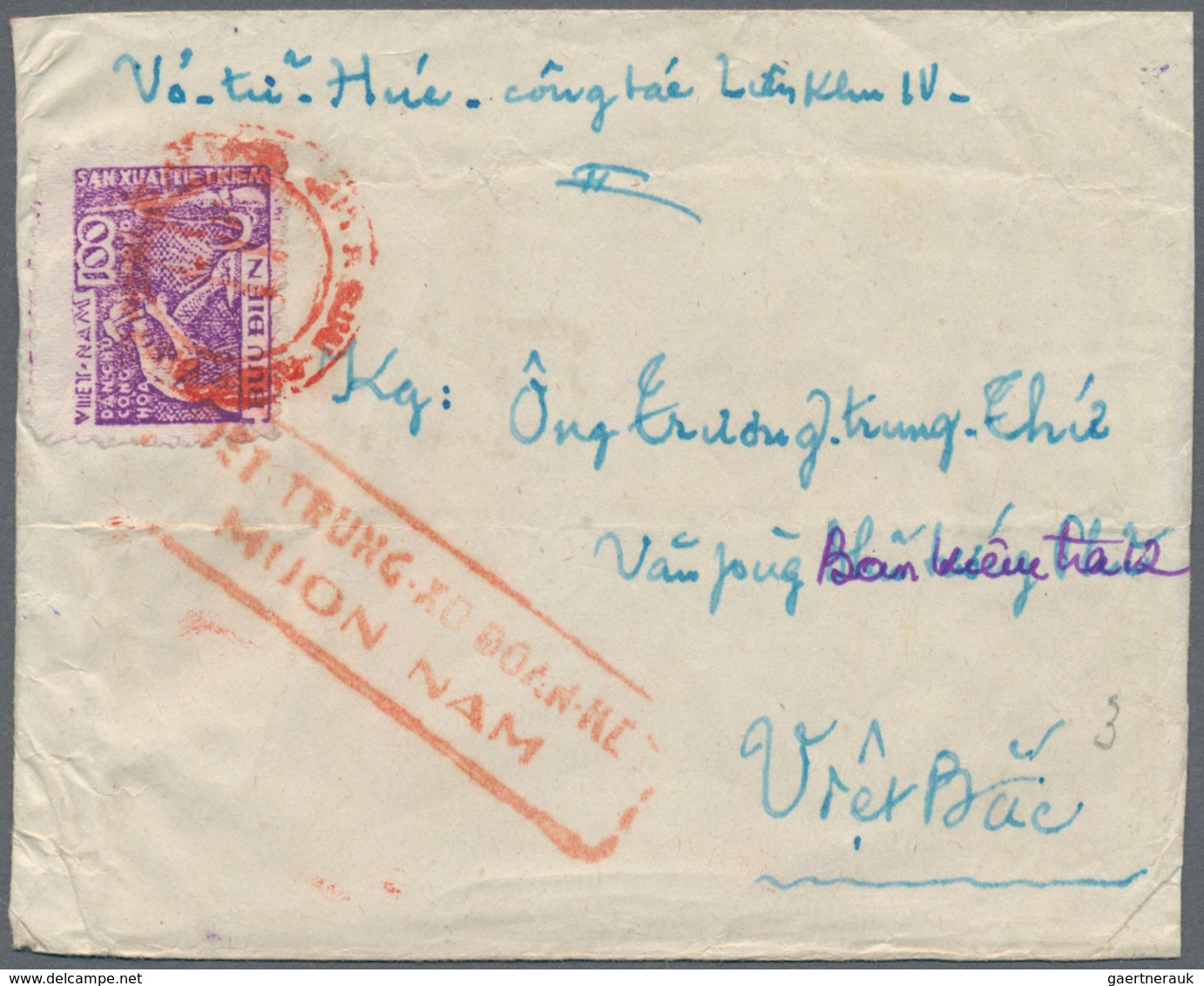 Vietnam-Nord (1945-1975): 1954, Cover From The 4th Interzone, Addressed To Service Station 12, Beari - Vietnam