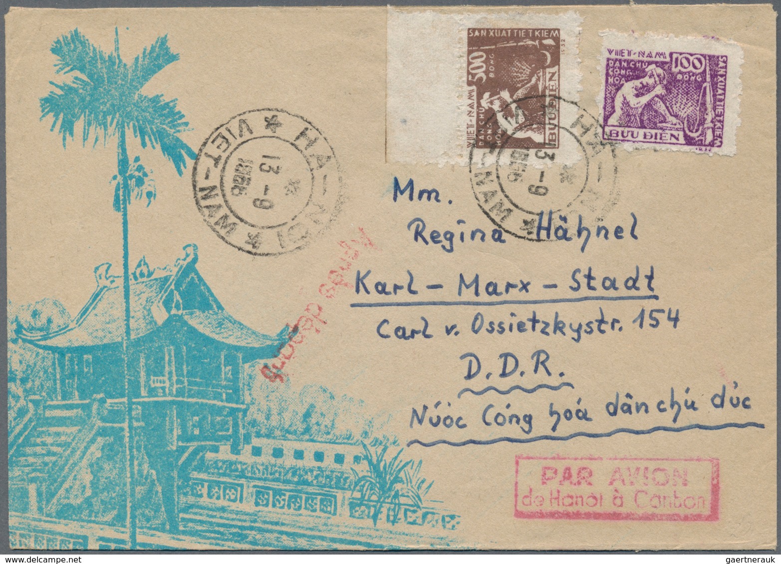 Vietnam-Nord (1945-1975): 1953, Illustrated Airmail Cover Addressed To Karl-Marx-Stadt, East Germany - Vietnam