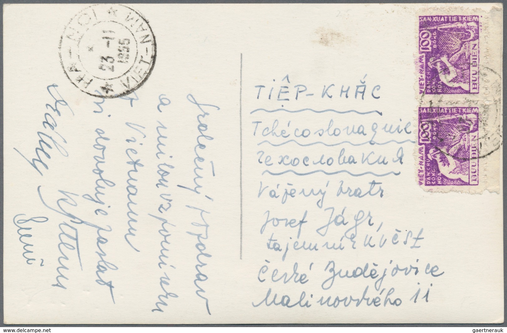 Vietnam-Nord (1945-1975): 1953, Postcard Addressed To Czechslovakia, Bearing Blacksmith 100d Pair Wi - Vietnam