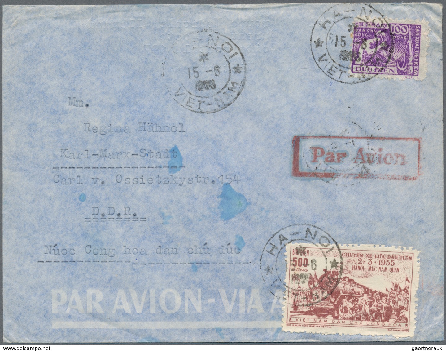 Vietnam-Nord (1945-1975): 1953/56, Airmail Cover Addressed To Karl-Marx-Stadt, East Germany, Bearing - Vietnam