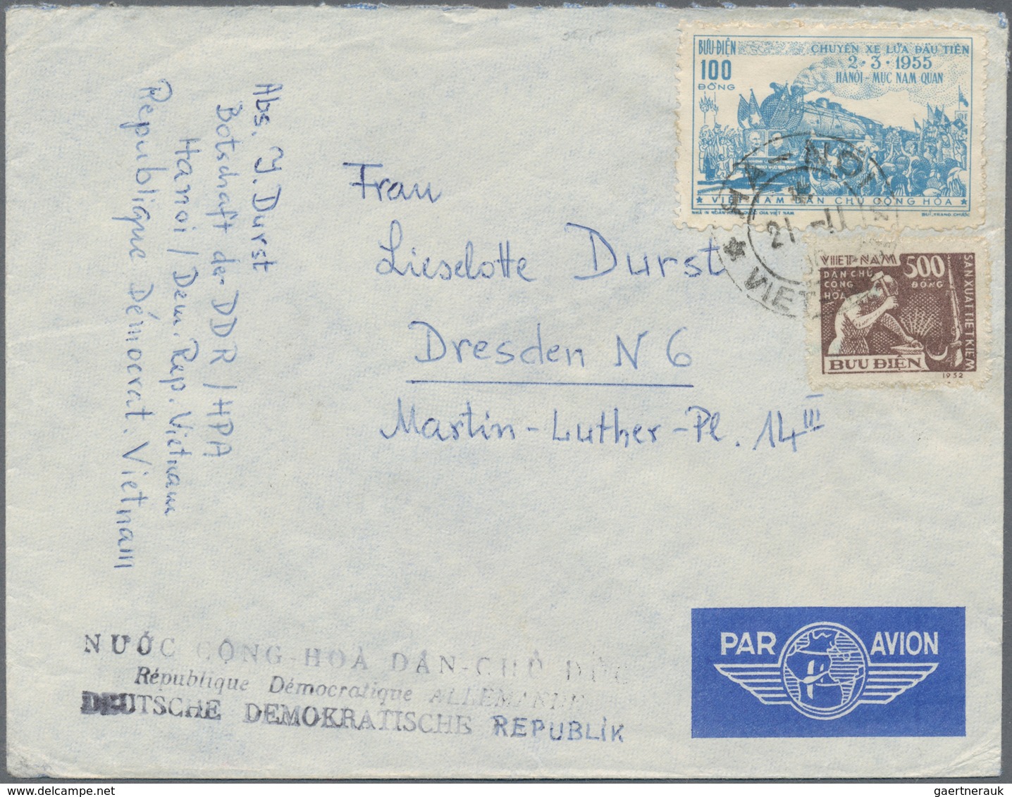 Vietnam-Nord (1945-1975): 1953/56, Airmail Cover Of The East German Embassy Addressed To Dresden, Ea - Vietnam