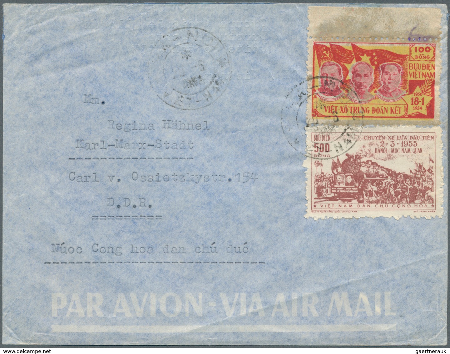 Vietnam-Nord (1945-1975): 1954, Vietnam-China-Sowjetunion Friendship 100 D (some Glue Traces) And Ra - Vietnam