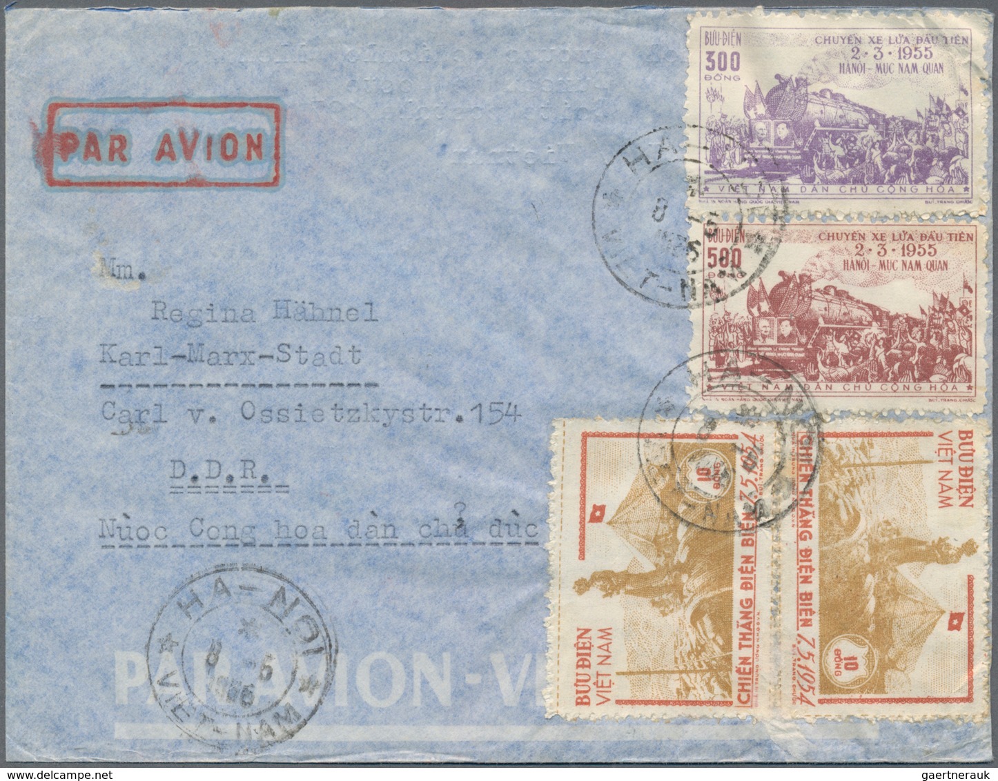 Vietnam-Nord (1945-1975): 1954/56, Airmail Cover Addressed To Karl-Marx-Stadt, East Germany, Bearing - Vietnam