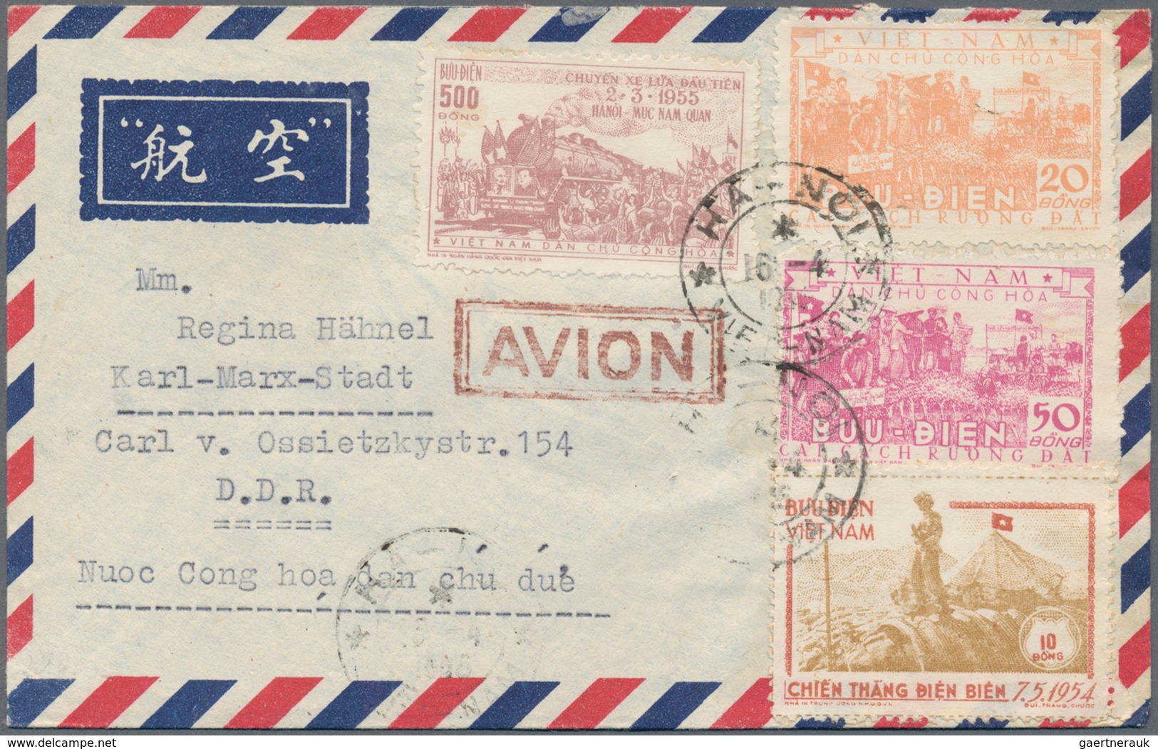 Vietnam-Nord (1945-1975): 1954/56, Airmail Cover Addressed To Karl-Marx-Stadt, East Germany, Bearing - Vietnam