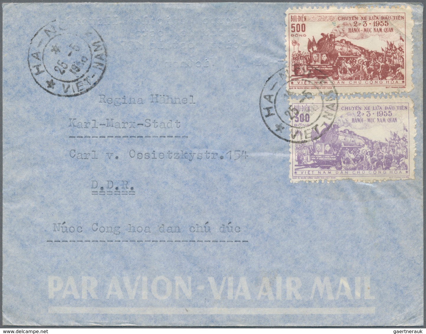 Vietnam-Nord (1945-1975): 1954/56, Airmail Cover Addressed To Karl-Marx-Stadt, East Germany, Bearing - Vietnam