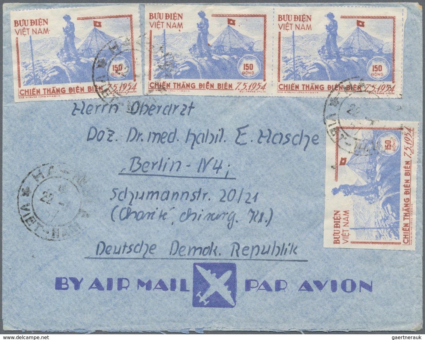 Vietnam-Nord (1945-1975): 1954, Airmail-envelope With 4x Dien-Bien-Phu 150 D Imperforated (pair And - Vietnam
