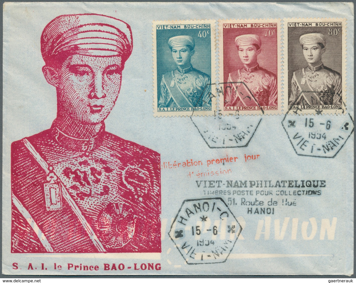 Vietnam-Nord (1945-1975): 1954, Prince Bao Long 40 C, 70 C And 80 C On Illustrated First Day Cover " - Vietnam
