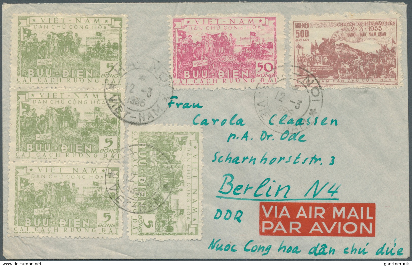 Vietnam-Nord (1945-1975): 1955, Agrar-reform 4x 5 D Green, 50 D Rose And Railway-line Hanoi/Nuc-Nam- - Vietnam