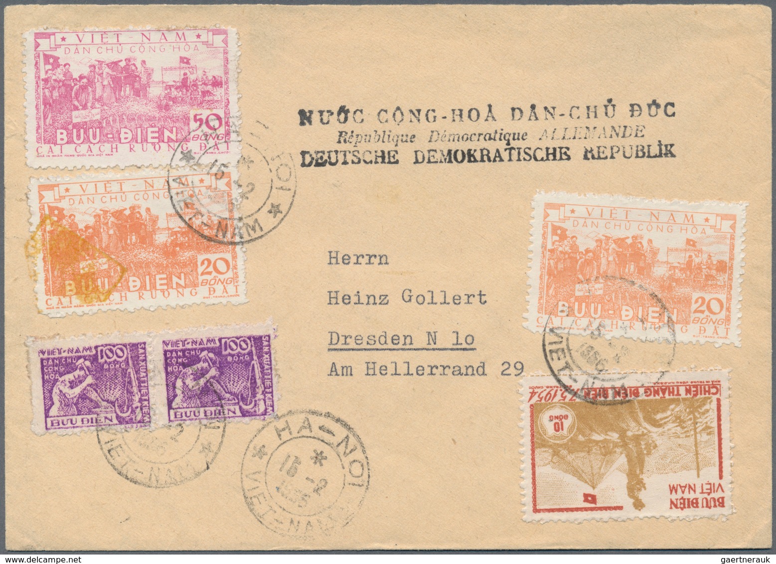 Vietnam-Nord (1945-1975): 1955 Agrar-reform 20 D Two Different Shades, One With Yellow Barr-overprin - Vietnam