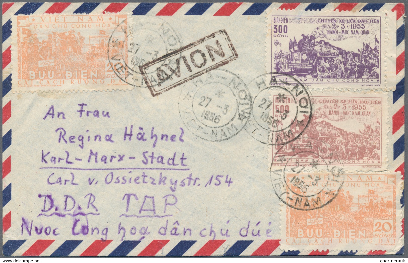 Vietnam-Nord (1945-1975): 1955/56, Airmail Cover Addressed To Karl-Marx-Stadt, East Germany, Bearing - Vietnam