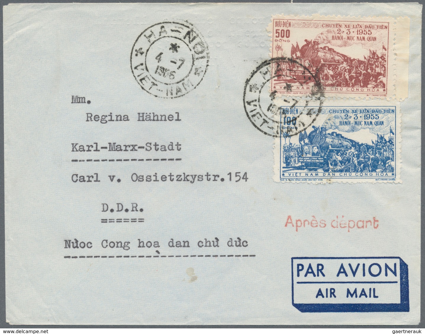 Vietnam-Nord (1945-1975): 1956, Railway-line Hanoi/Muc-Nam-Quan 100 D And 500 D On Airmail-letter Se - Vietnam