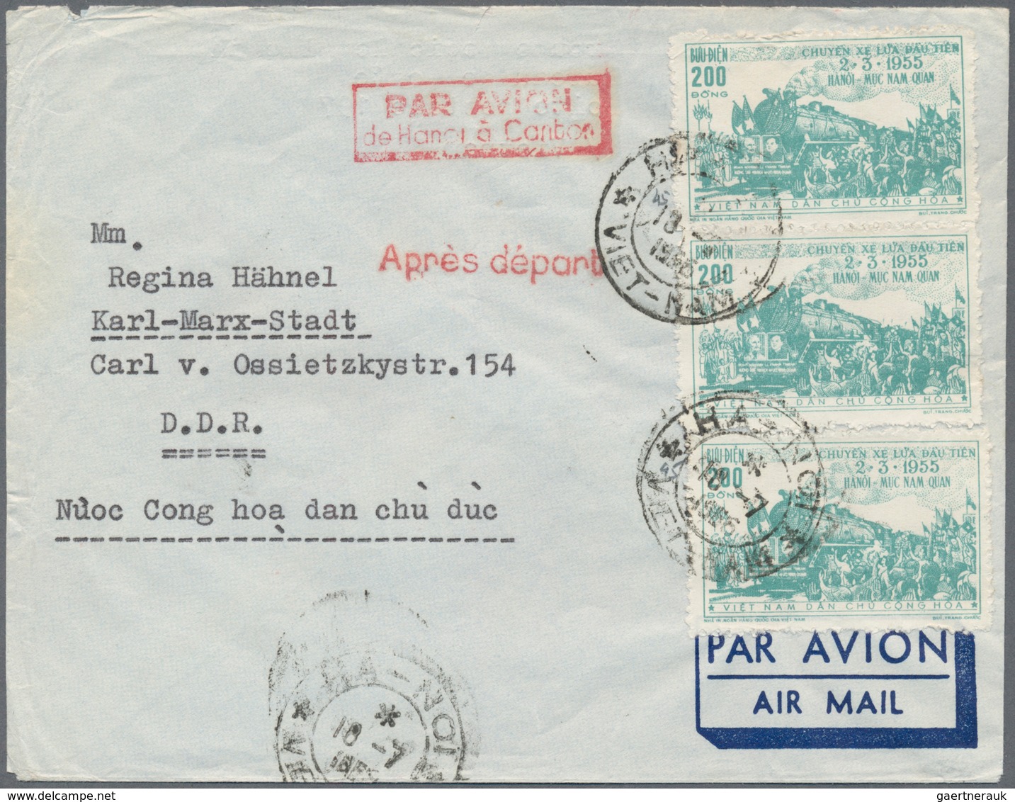 Vietnam-Nord (1945-1975): 1956, Airmail Cover Addressed To Karl-Marx-Stadt, East Germany, Bearing Th - Vietnam