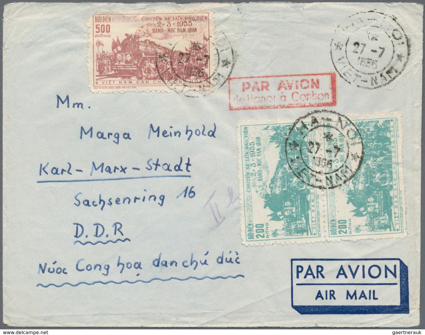 Vietnam-Nord (1945-1975): 1956, Airmail Cover Addressed To Karl-Marx-Stadt, East Germany, Bearing Re - Vietnam