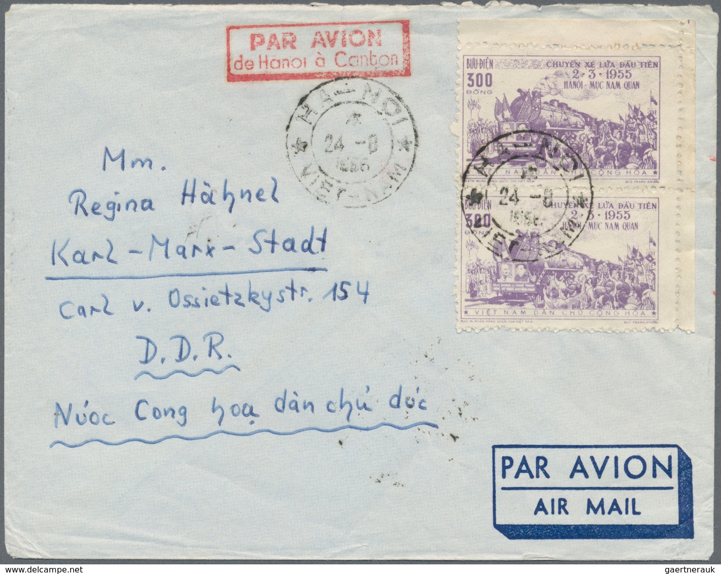 Vietnam-Nord (1945-1975): 1956, Railway-line Hanoi/Muc-Nam-Quan 300 D Vertical Pair On Airmail-lette - Vietnam