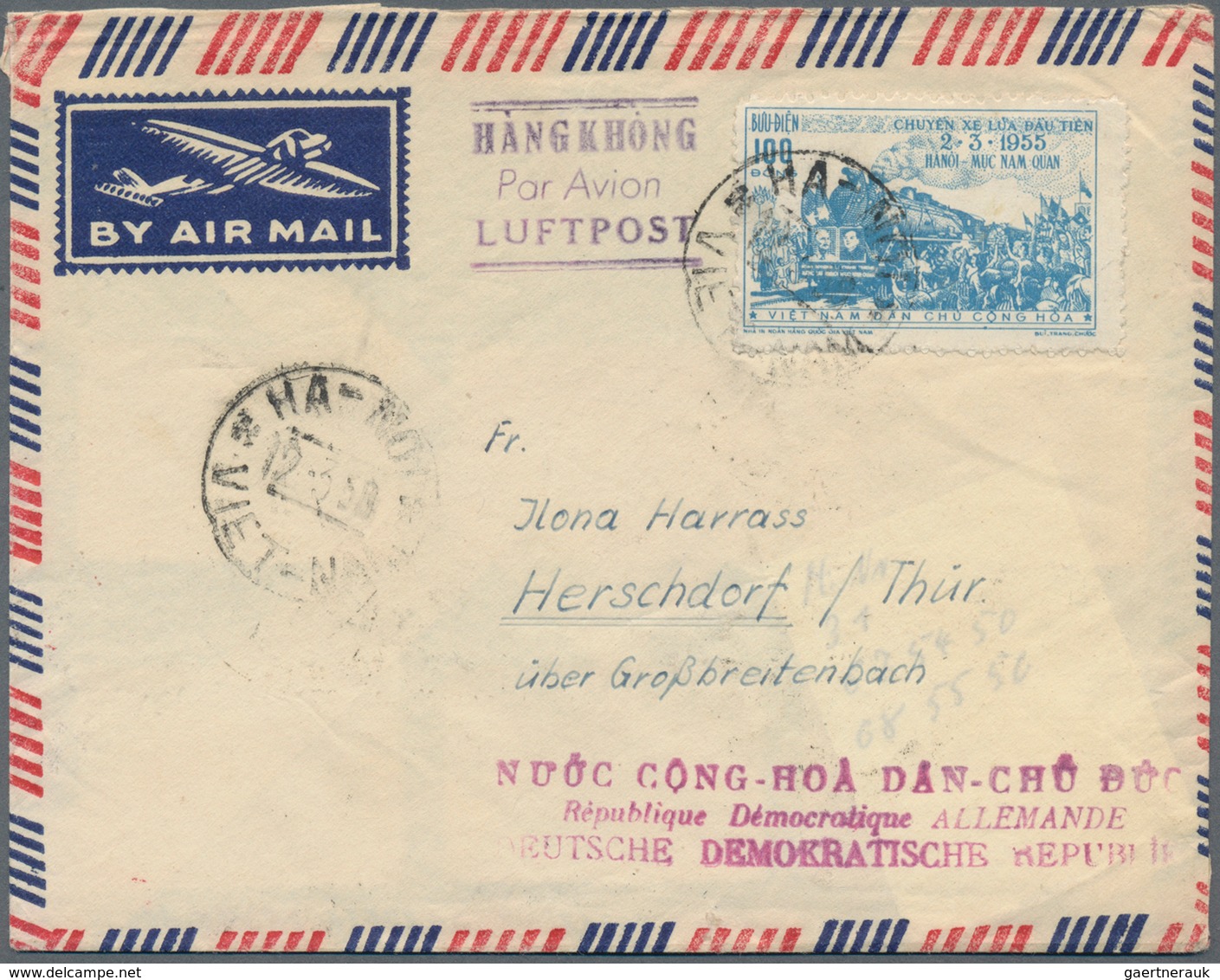 Vietnam-Nord (1945-1975): 1958 Airmail Cover From Ha-Noi To Herschdorf, German Dem. Rep., Franked By - Vietnam