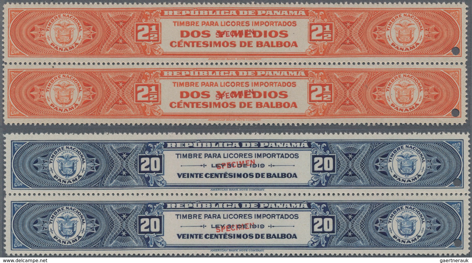 Thematik: Alkohol / Alcohol: 1919, PANAMA: Two Revenue Stamps 'TIMBRE PARA LICORES IMPORTADOS' (impo - Wines & Alcohols