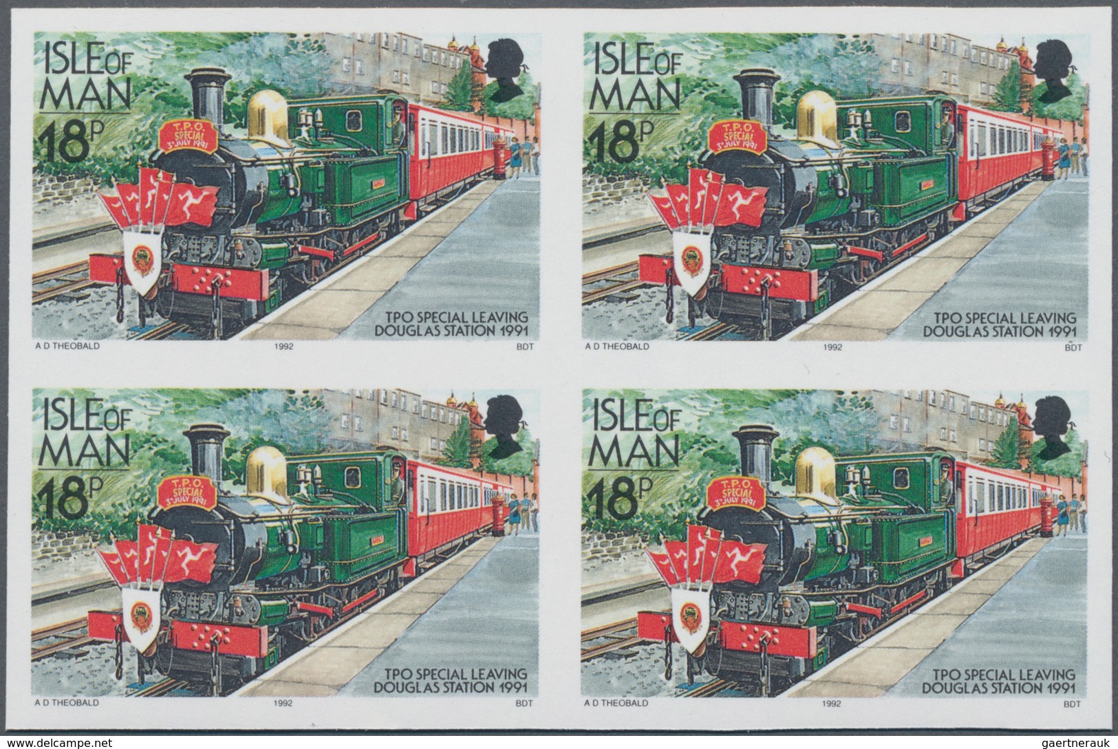 Thematik: Eisenbahn / Railway: 1992, Isle Of Man. IMPERFORATE Block Of 4 For The 18p Value Of The De - Trenes