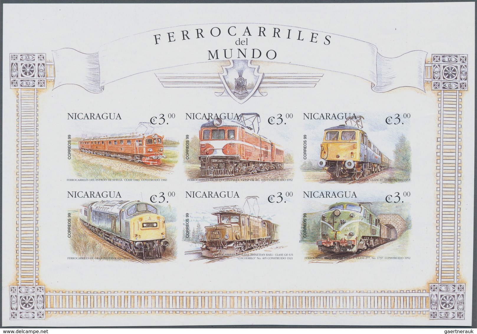 Thematik: Eisenbahn / railway: 2000, NICARAGUA: Locomotives of the World complete IMPERFORATE set of