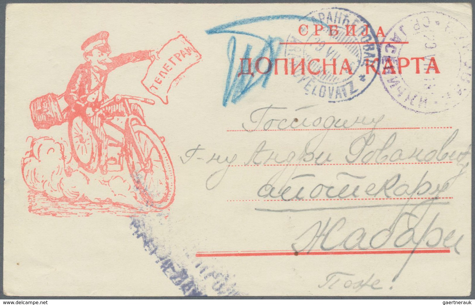 Thematik: Fahrrad / Bicycle: 1915 Censored Picture Postcard With Postman On Bicycle Holding A Telegr - Cycling