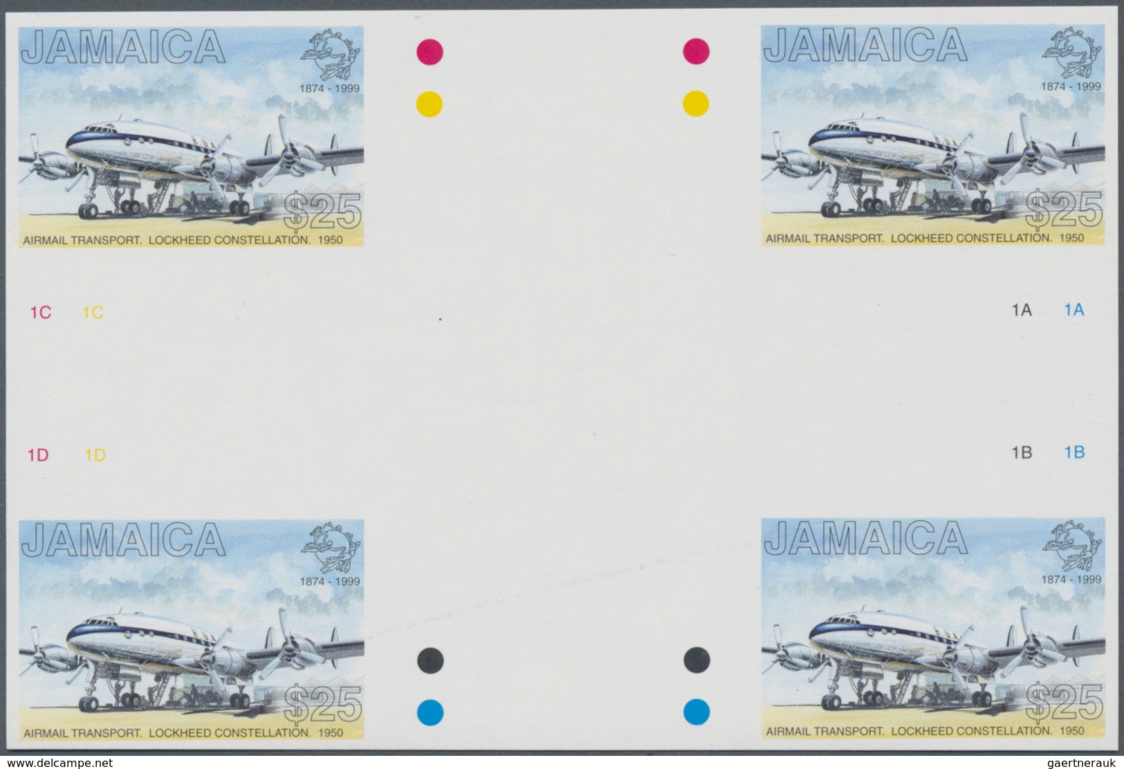 Thematik: Flugzeuge, Luftfahrt / Airoplanes, Aviation: 1999, Jamaica. IMPERFORATE Cross Gutter Block - Flugzeuge
