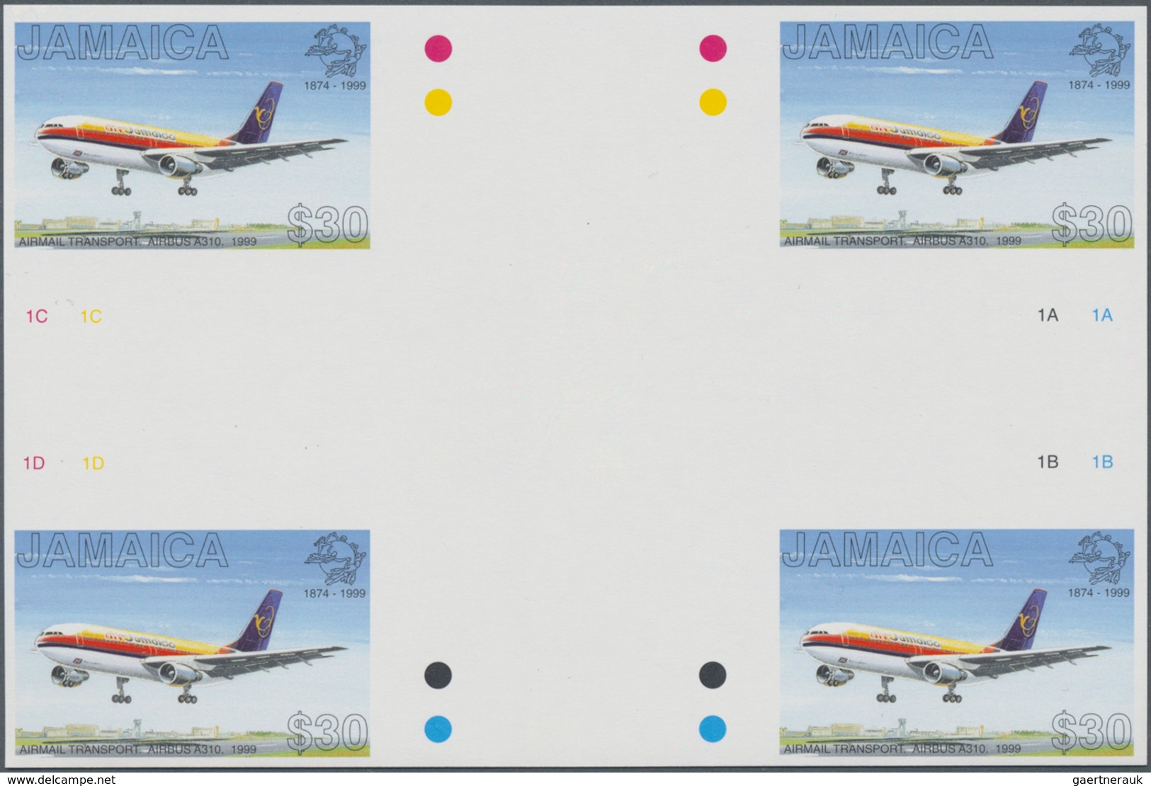 Thematik: Flugzeuge, Luftfahrt / Airoplanes, Aviation: 1999, Jamaica. IMPERFORATE Cross Gutter Block - Airplanes