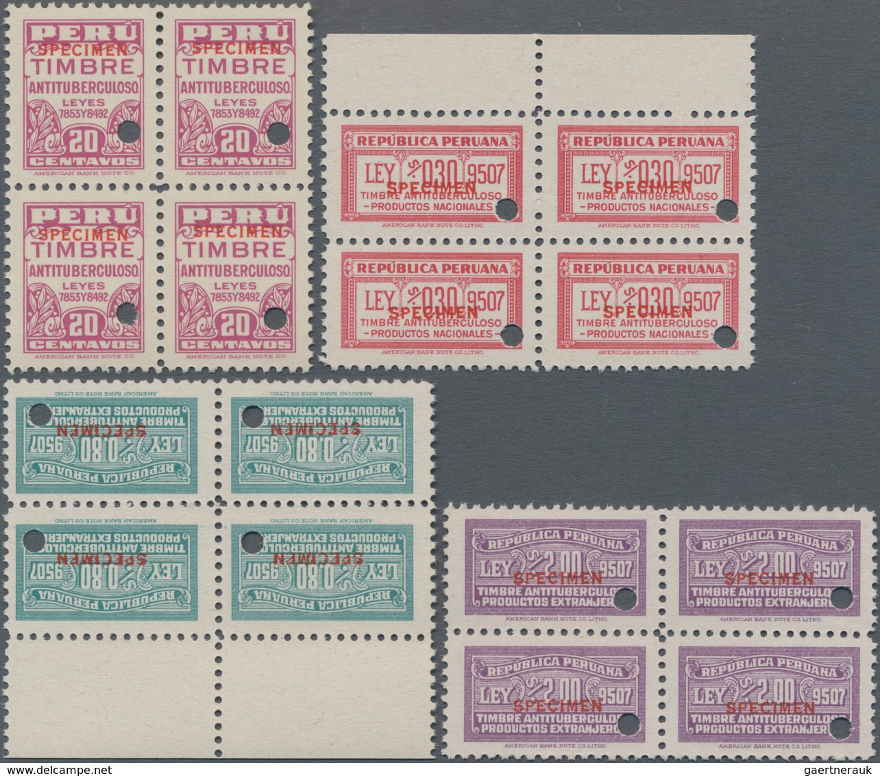 Thematik: Medizin, Gesundheit / Medicine, Health: 1940/1945 (ca.), PERU: Four Revenue Stamps 'TIMBRE - Medicine