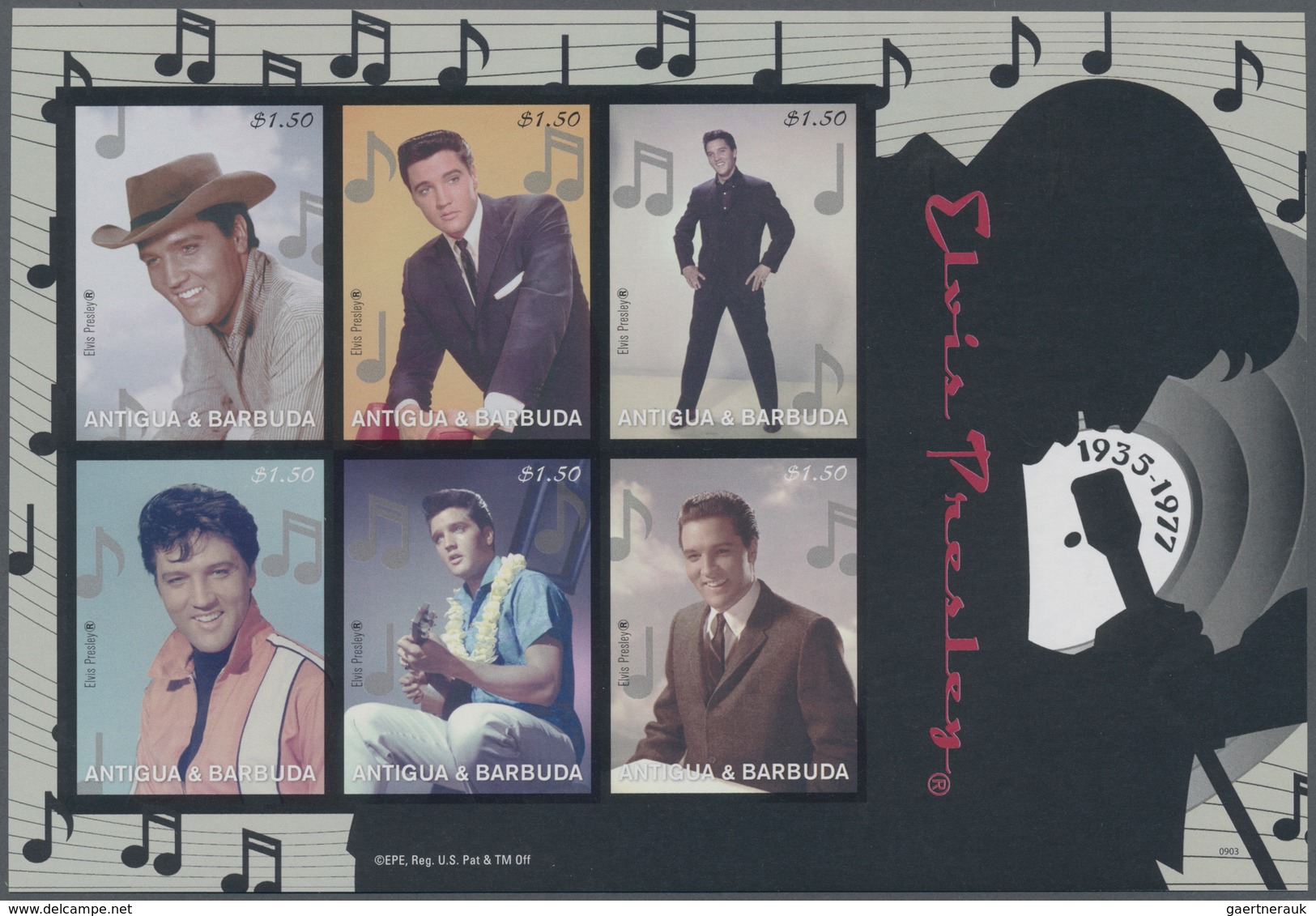 Thematik: Musik / Music: 2009, ANTIGUA & BARBUDA: Elvis Presley Complete Set Of Six In An IMPERFORAT - Music