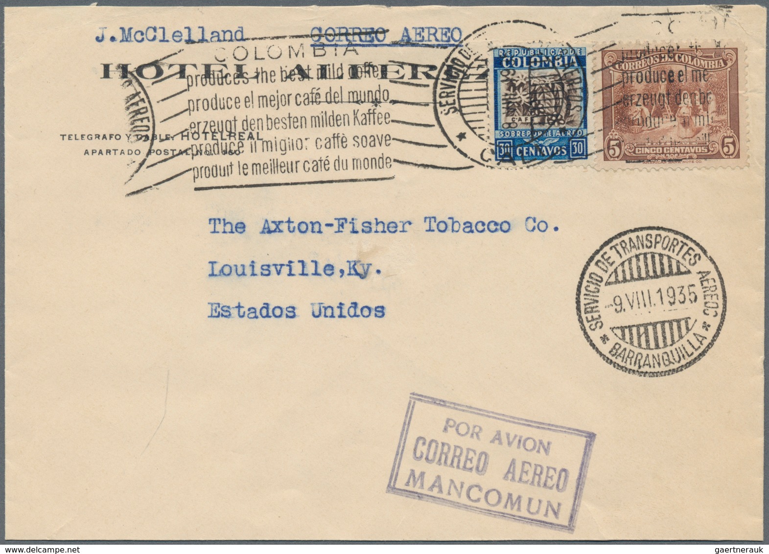 Thematik: Nahrung-Kaffee / Food-coffee: 1935 (8.8.), COLOMBIA: Airmail Cover Bearing Two Different ' - Food