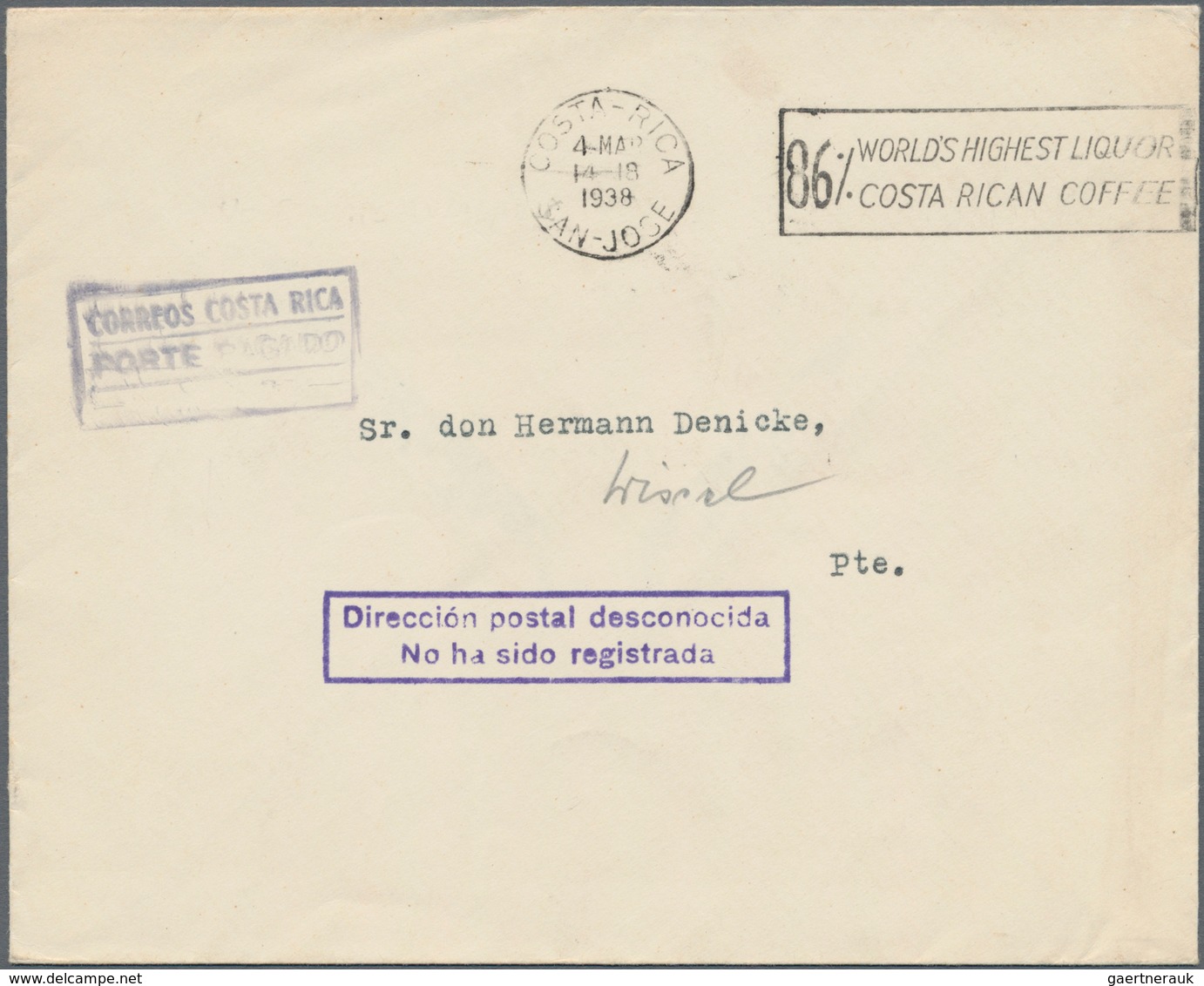 Thematik: Nahrung-Kaffee / Food-coffee: 1938 (4.3.), COSTA RICA: Stampless Official Cover Locally Us - Ernährung