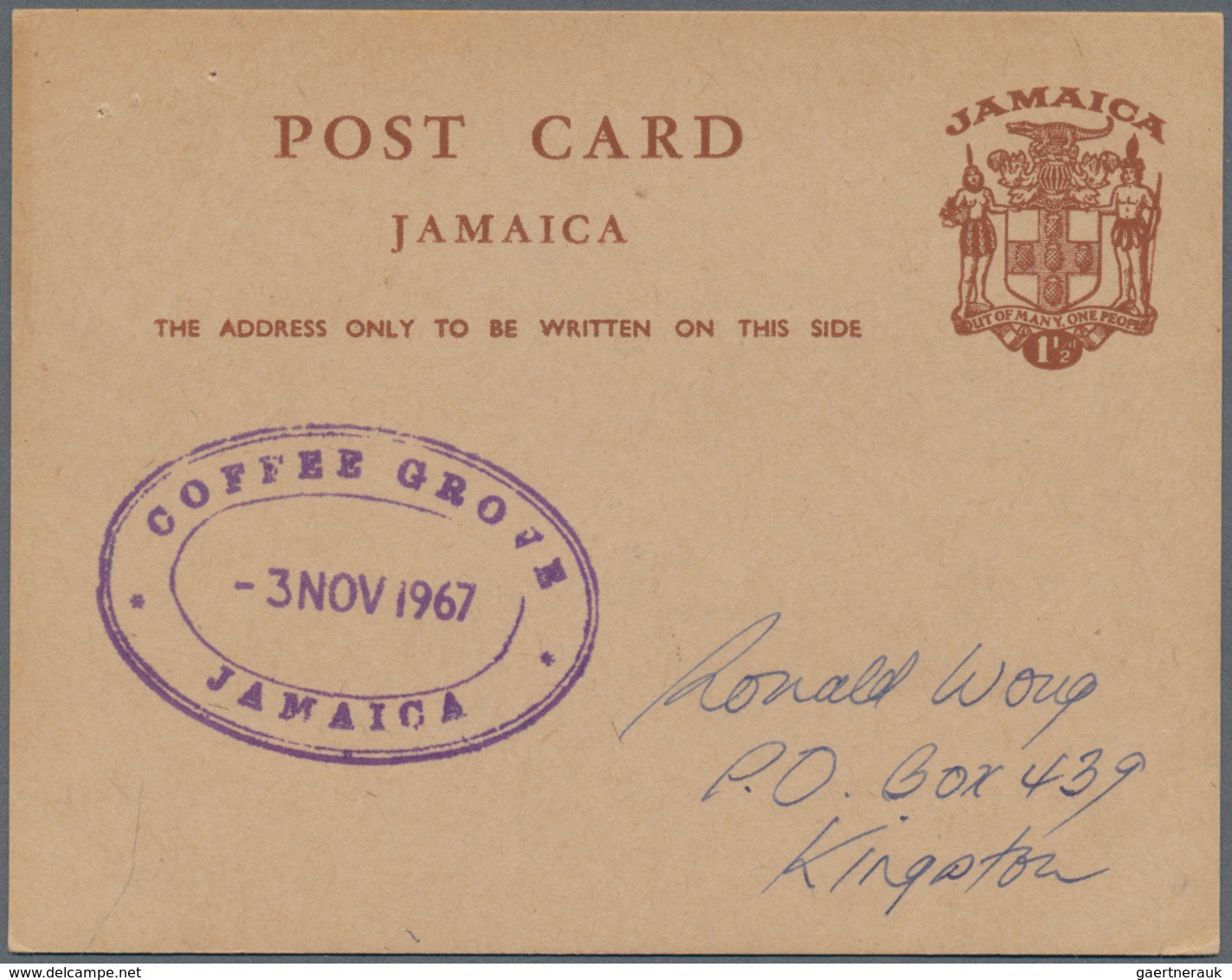 Thematik: Nahrung-Kaffee / Food-coffee: 1967, JAMAICA: Stat. Postcard 1½d. Brown 'Coat Of Arms' Canc - Food