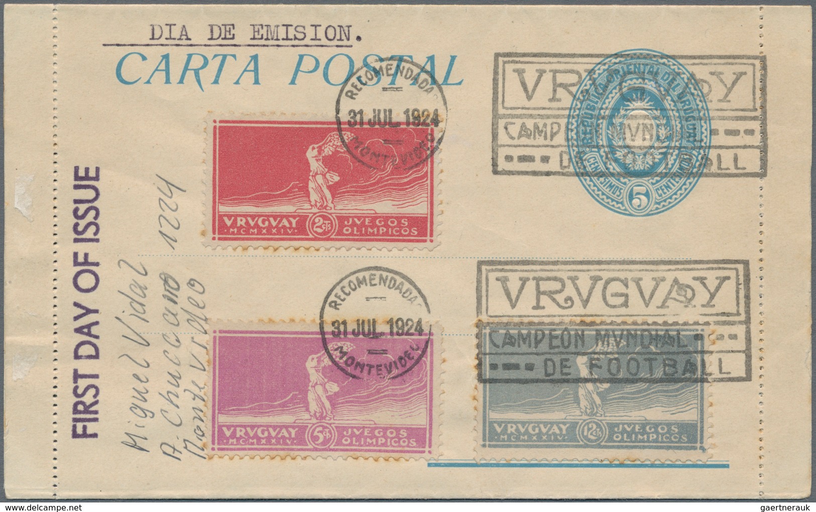 Thematik: Olympische Spiele / Olympic Games: 1924, URUGUAY: 31/7/1924 First Day Of Issue, Cover Fran - Sonstige & Ohne Zuordnung