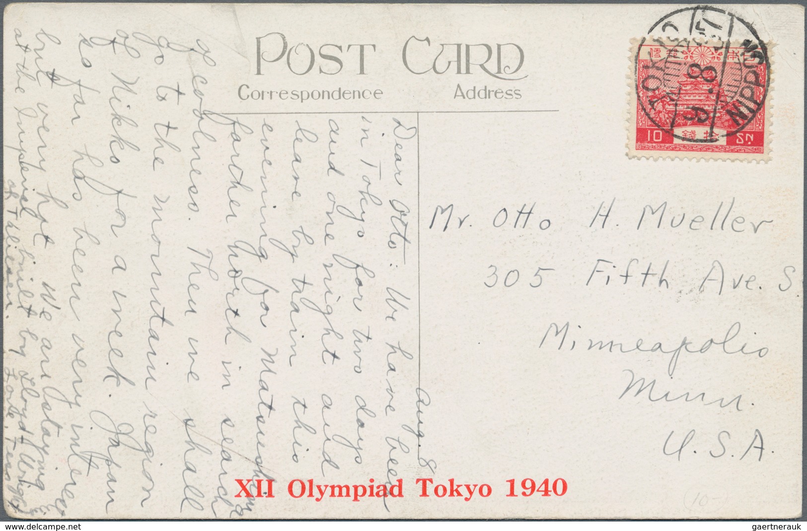 Thematik: Olympische Spiele / Olympic Games: 1937, Red Horizontal Imprint "XII Olympiad Tokyo 1940" - Other & Unclassified