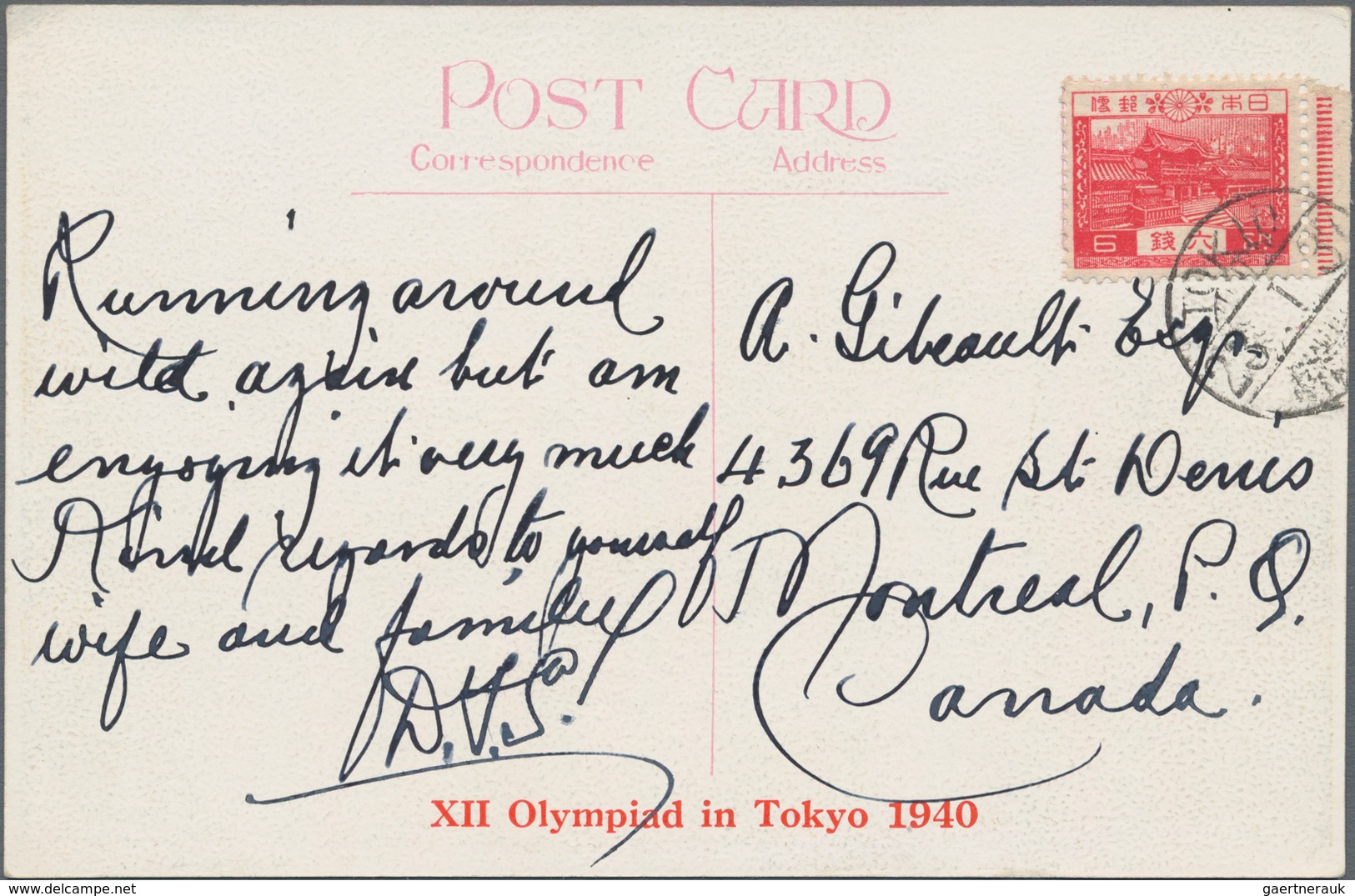 Thematik: Olympische Spiele / Olympic Games: 1937, Red Horizontal Imprint "XII Olympiad Tokyo 1940" - Other & Unclassified