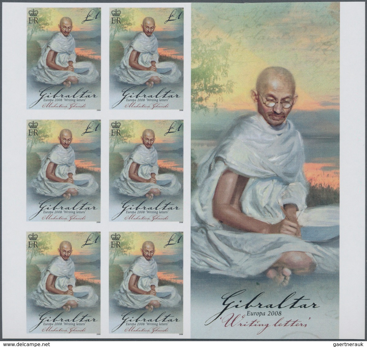 Thematik: Persönlichkeiten - Gandhi / Personalities - Gandhi: 2008, GIBRALTAR: Europa 'Writing Lette - Mahatma Gandhi