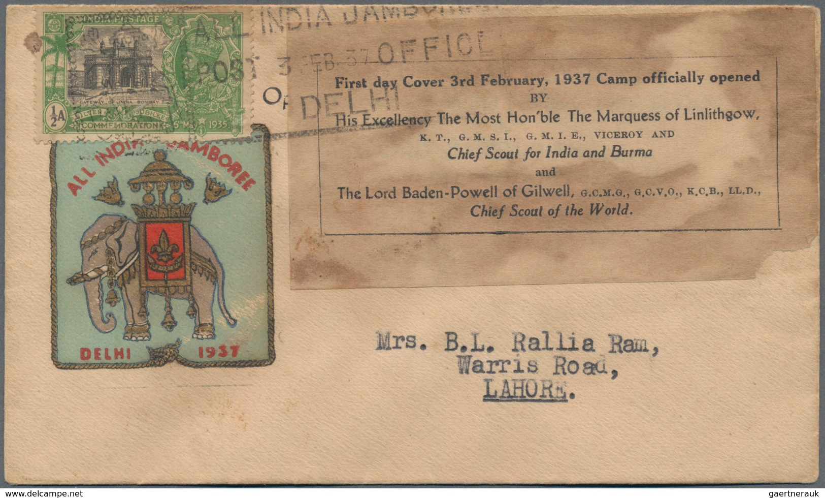 Thematik: Pfadfinder / Boy Scouts: 1937 "All India Jamboree" In Delhi: Special Illustrated Envelope, - Sonstige & Ohne Zuordnung