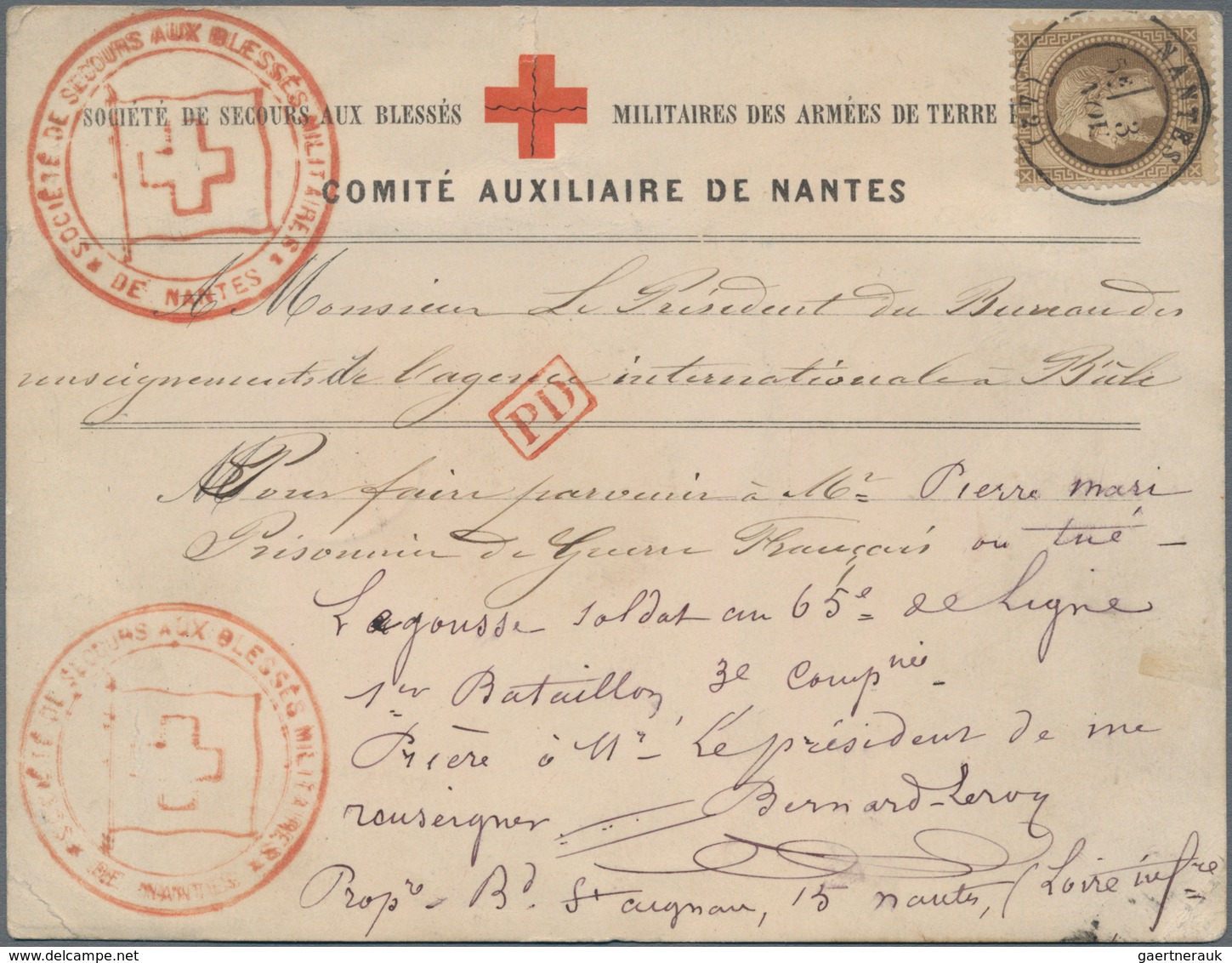 Thematik: Rotes Kreuz / Red Cross: 1870: Printed Red Cross 'Comité Auxiliaire De Nantes' Postcard Us - Red Cross