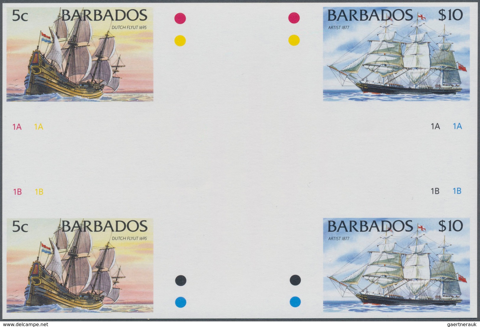 Thematik: Schiffe / Ships: 1994, Barbados. IMPERFORATE Cross Gutter Pair For The 5c And $10 Values O - Ships