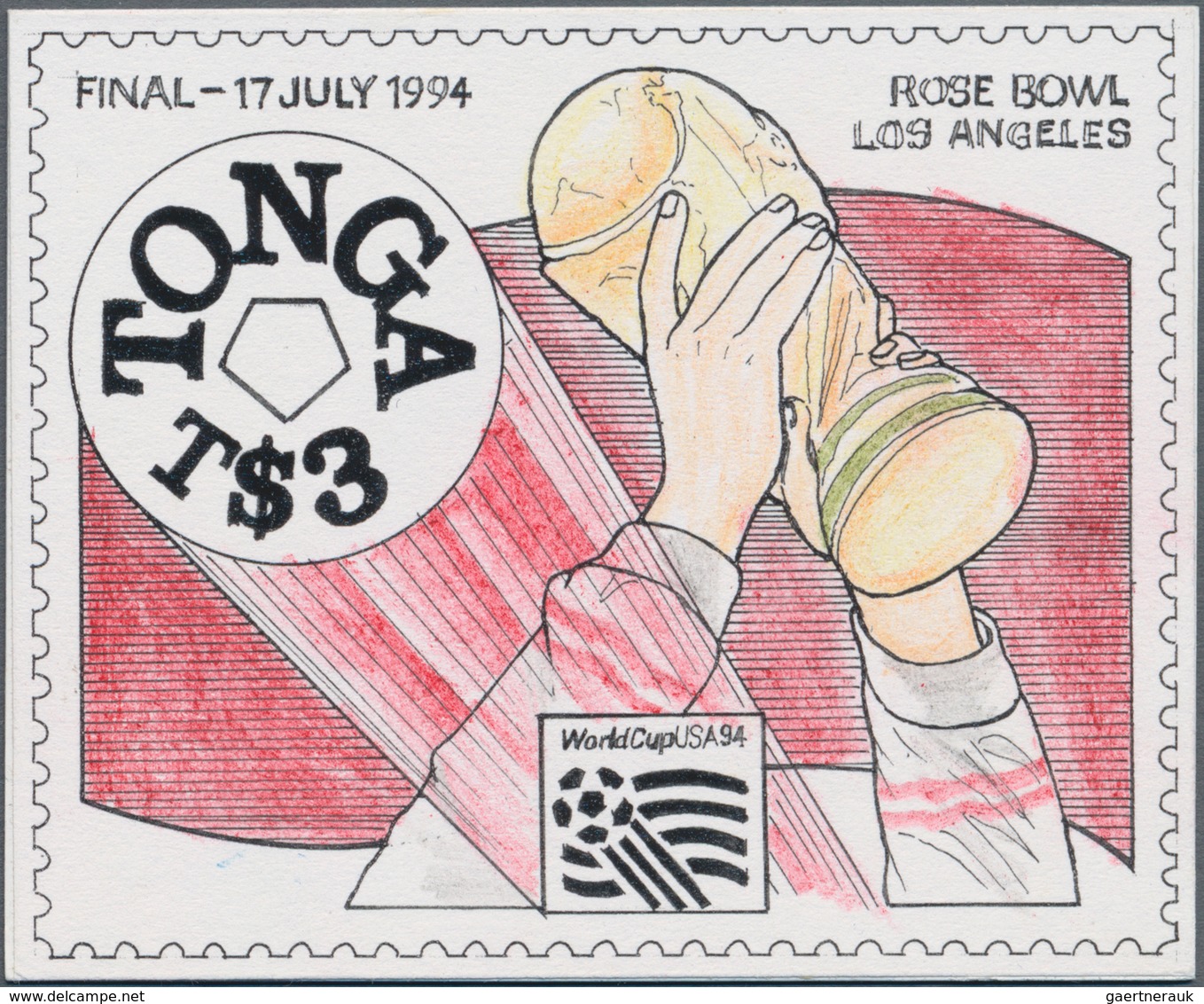 Thematik: Sport-Fußball / Sport-soccer, Football: 1994, Tonga Football World Cup USA, 3 Hand Drawn E - Other & Unclassified