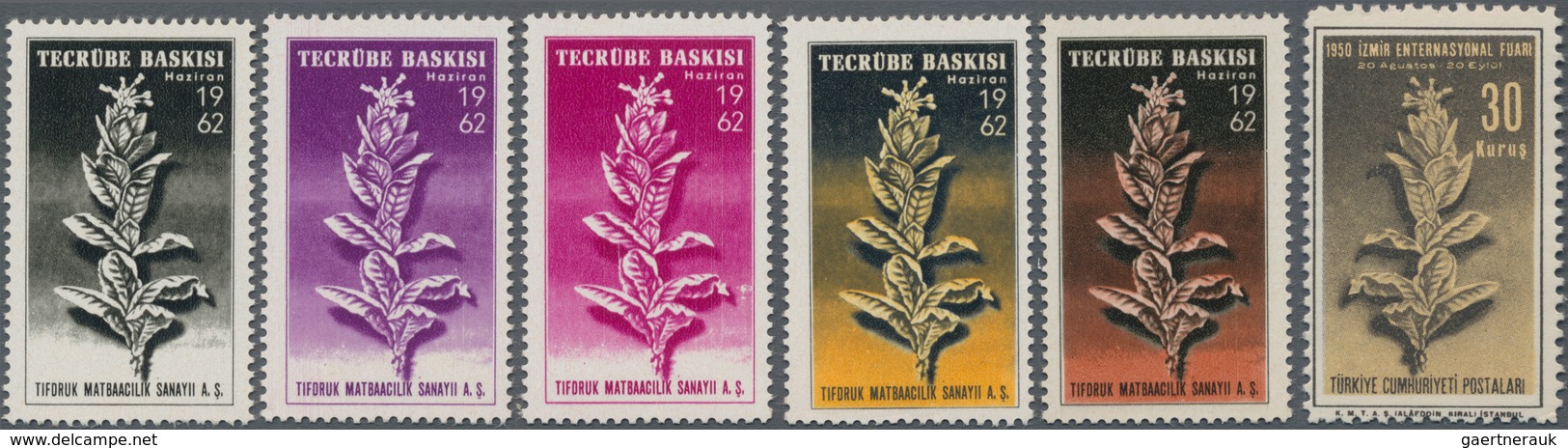 Thematik: Tabak / Tobacco: 1950, TURKEY: Trade Fair Izmir Five ESSAYS With Mirrored Picture Of Issue - Tobacco
