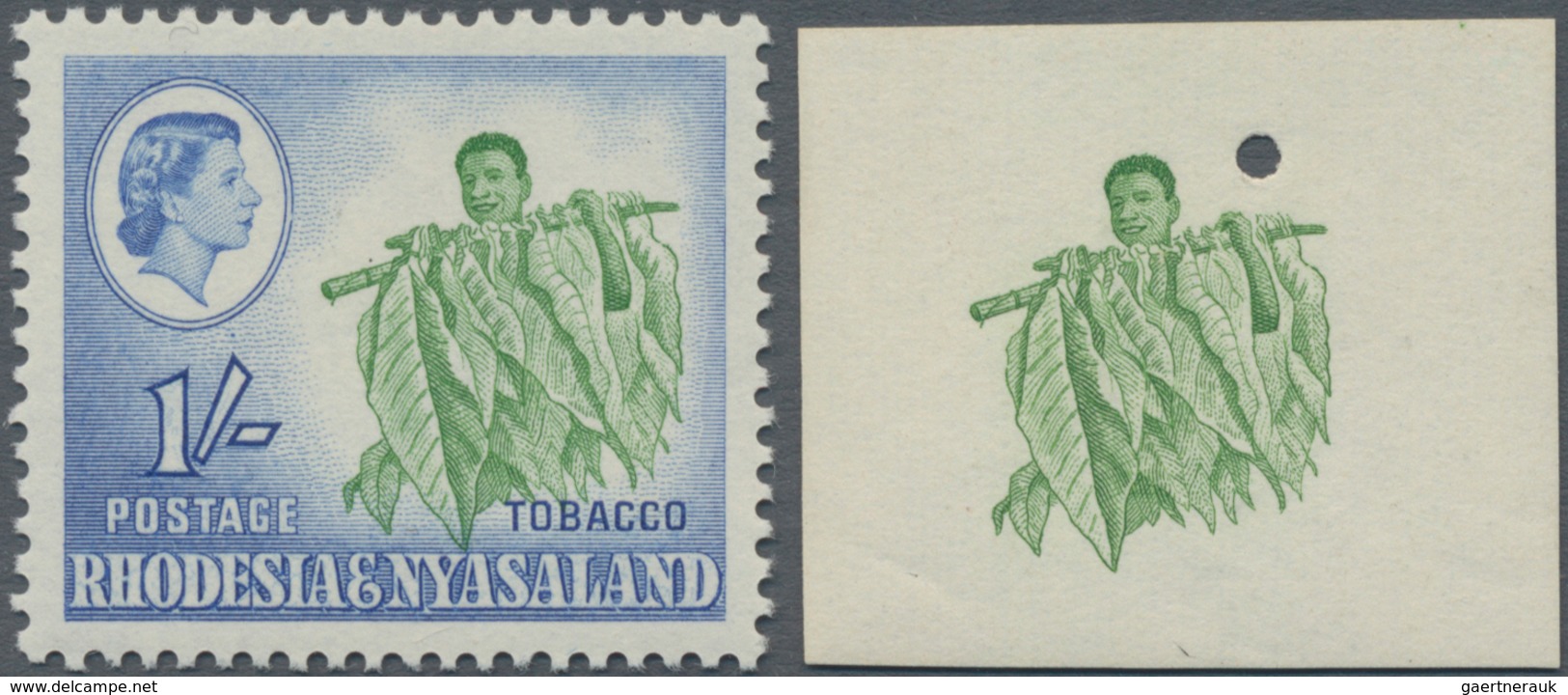 Thematik: Tabak / Tobacco: 1959, RHODESIA&NYASALAND: QEII Definitive 1s. Light Green/ultramarine Imp - Tobacco