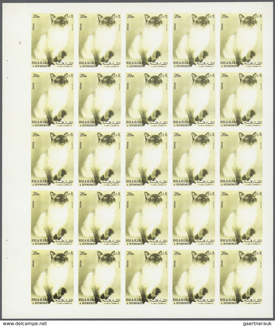 Thematik: Tiere-Katzen / Animals-cats: 1972. Sharjah. Progressive Proof (6 Phases) In Complete Sheet - Domestic Cats