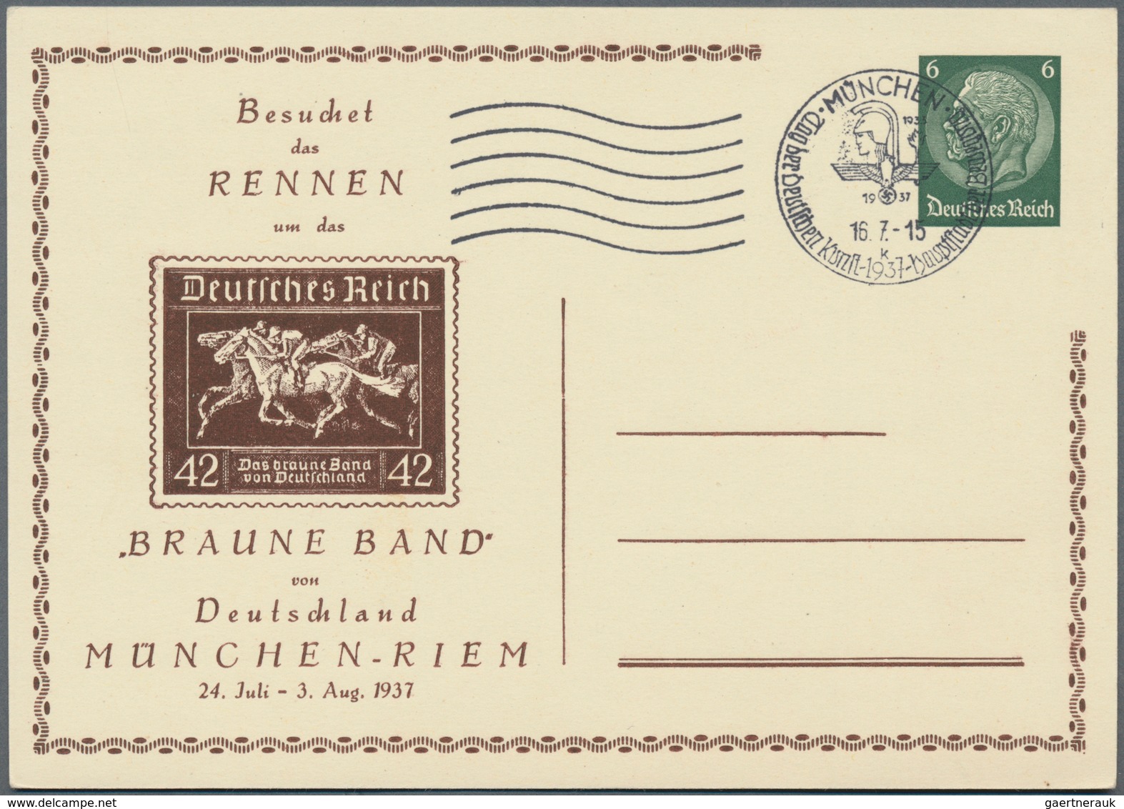 Thematik: Tiere-Pferde / Animals-horses: 1937, German Reich. Private Postal Card 6 Pf Hindenburg "Vi - Horses