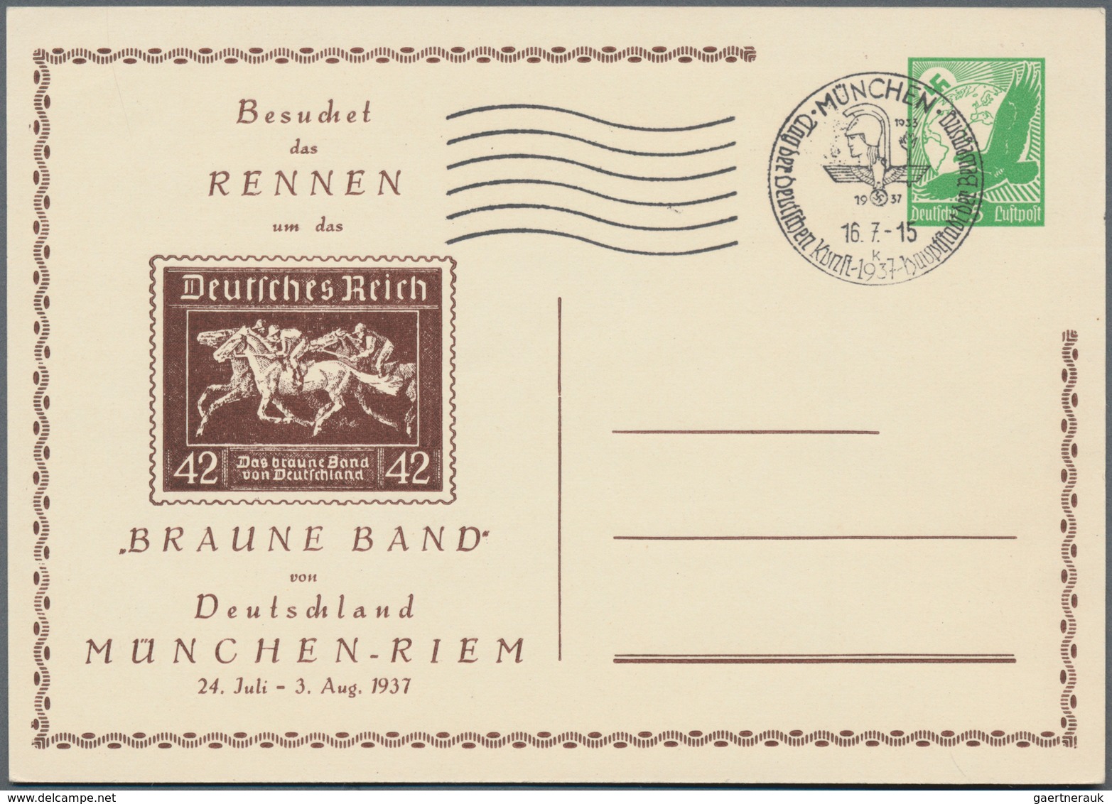Thematik: Tiere-Pferde / Animals-horses: 1937, German Reich. Private Postal Card 5 Pf Airmail "Visit - Horses