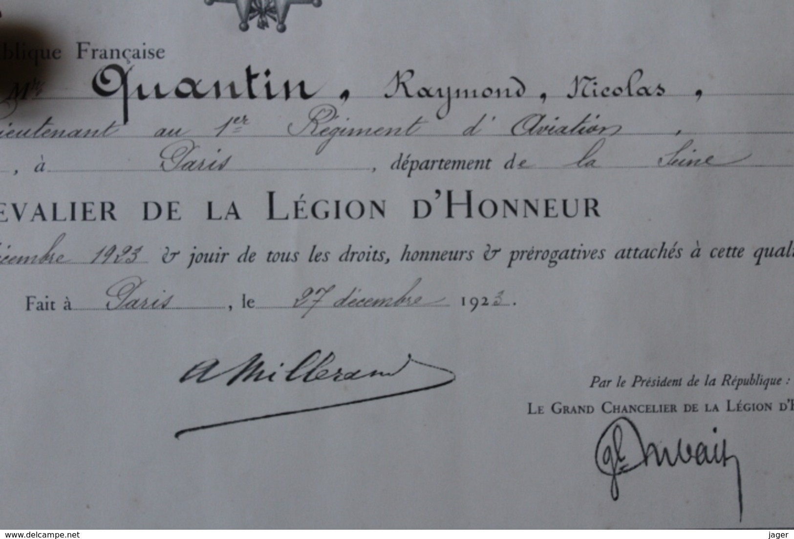 Diplome De La Legion D'honneur Et Lettre Lieutenant QUANTIN 1 Er Régiment D'aviation - Documents Historiques