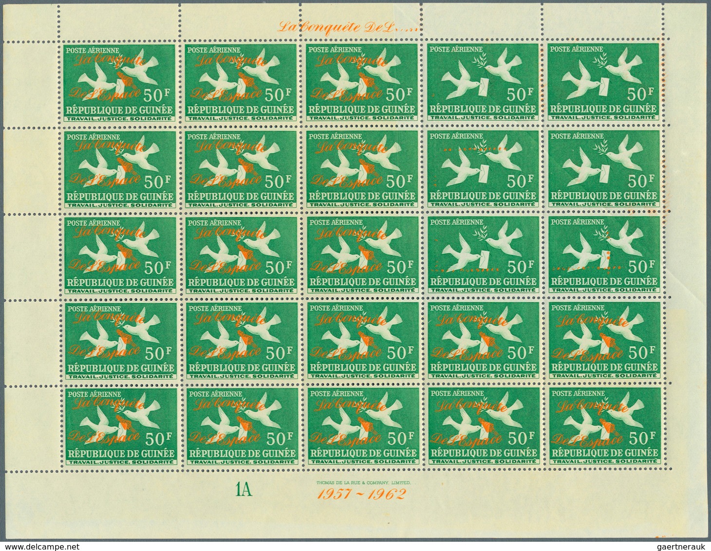 Thematik: Tiere-Tauben / Animals-pigeons: 1962, Guinea, 50 Fr. Dove With Overprint "LA CONQUETE DE L - Columbiformes