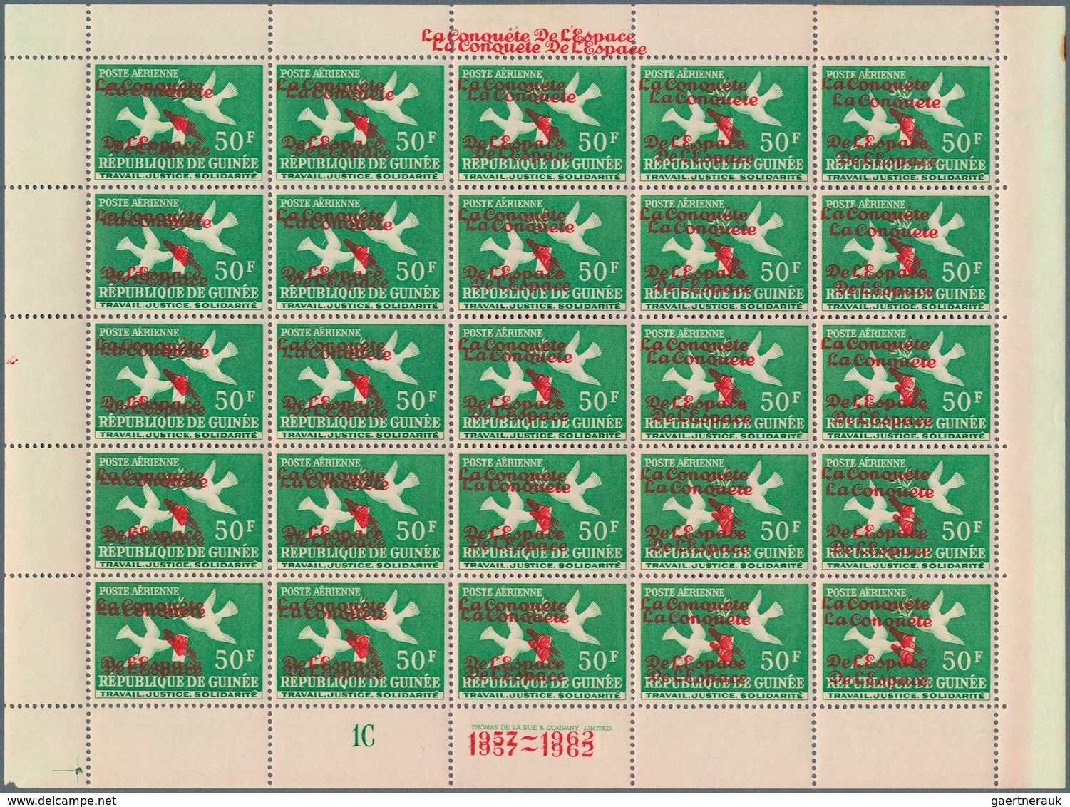 Thematik: Tiere-Tauben / Animals-pigeons: 1962, Guinea, 50 Fr. Dove With Overprint "LA CONQUETE DE L - Columbiformes