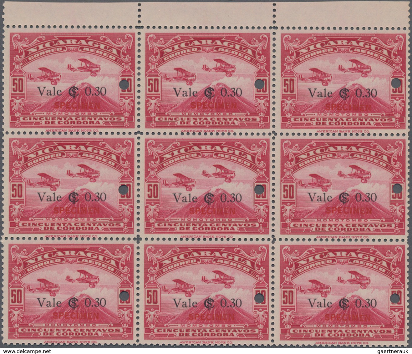 Thematik: Vulkane / Volcanoes: 1937, NICARAGUA: Airmail Issue 30c. On 50c. Carmine-rose 'two Airplan - Volcanos