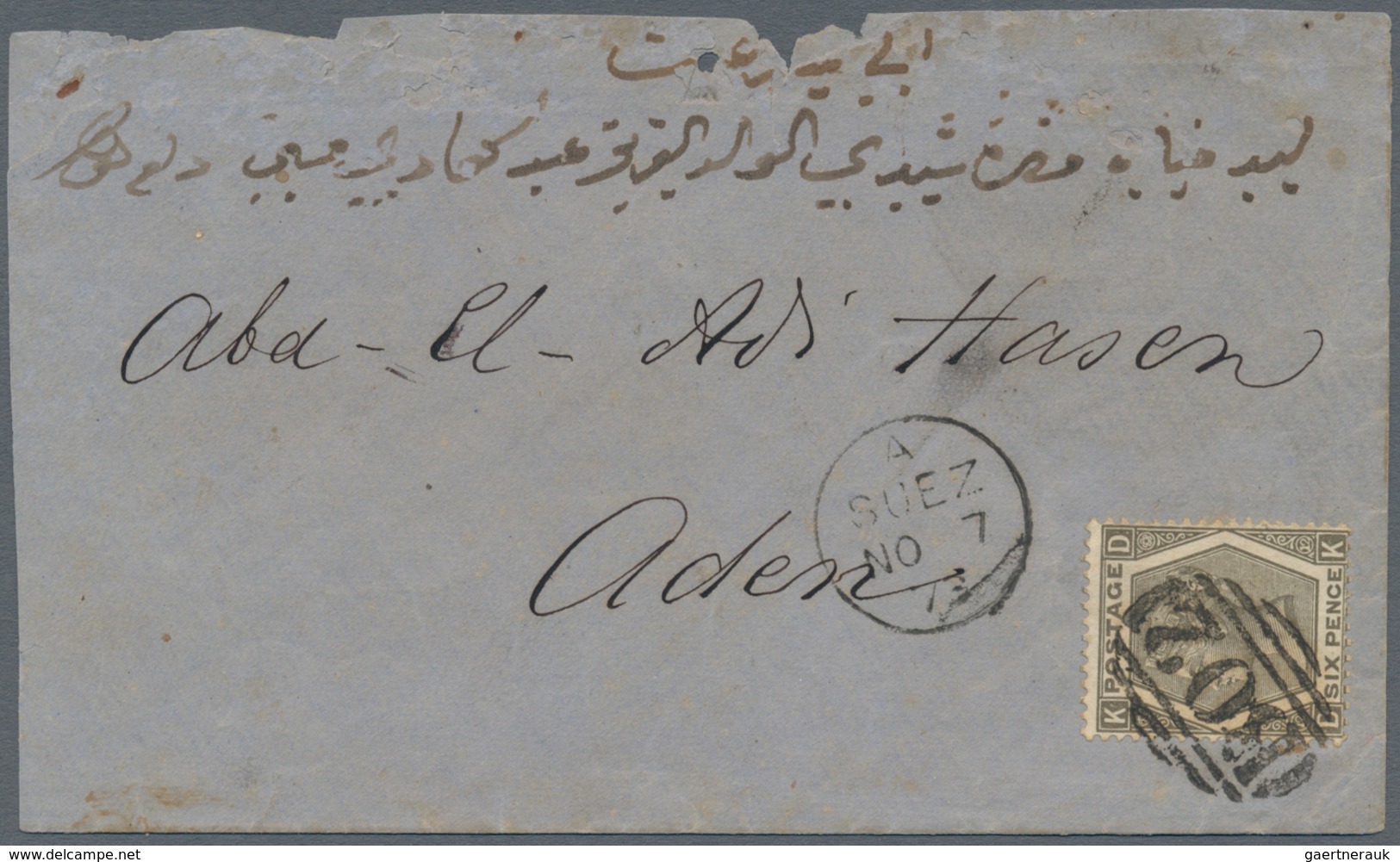 Ägypten: 1873 Cover From SUEZ To ADEN Franked By Great Britain 6d. Grey (Plate 12) Tied By "B02" Num - 1866-1914 Khedivate Of Egypt