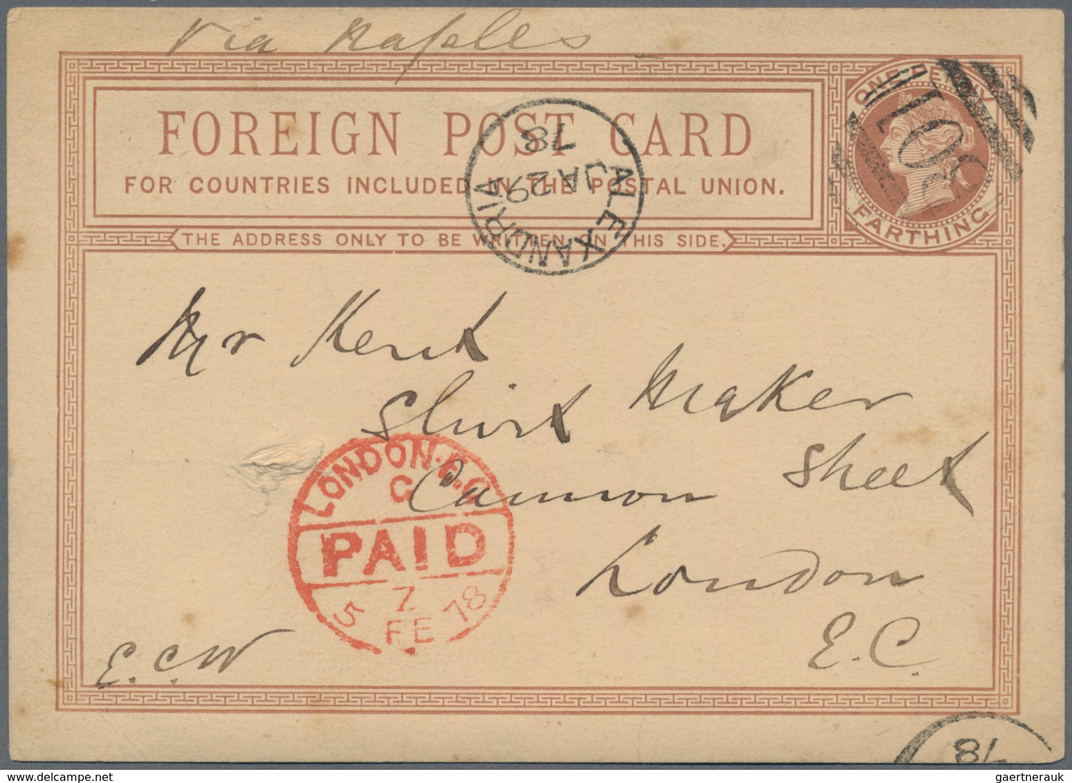 Ägypten: 1878 British Postal Stationery Card 1d. Brown Used From Alexandria To London 'via Naples' ( - 1866-1914 Khedivate Of Egypt