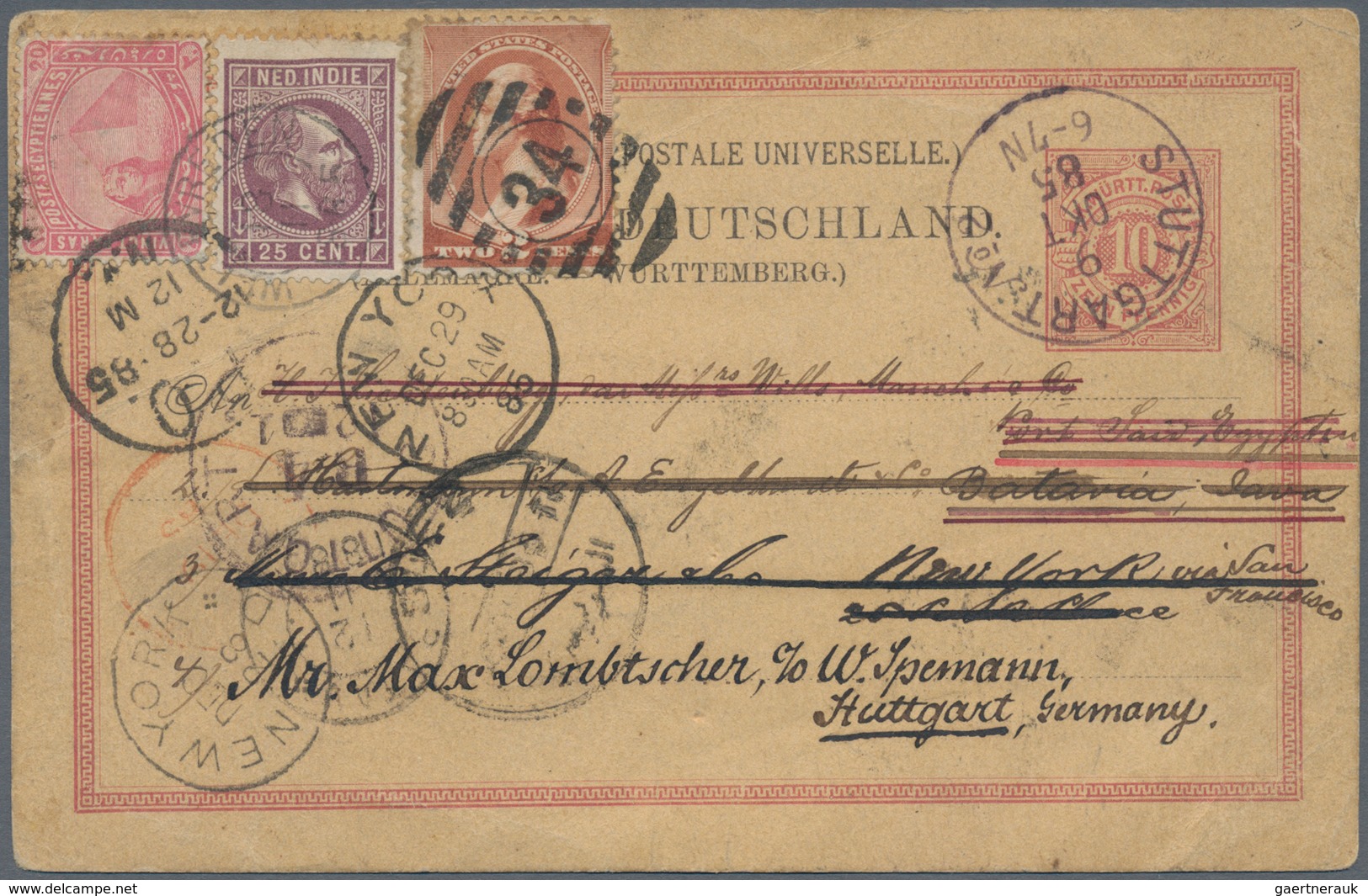 Ägypten: 1885 "ROUND THE WORLD": Sphinx & Pyramid 20pa. Rose Used On German State Wurttemberg Postal - 1866-1914 Khedivate Of Egypt